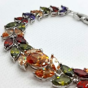 Silver Bracelet Marquise Shaped Brilliant Muliticolors Stones Size 6.5'